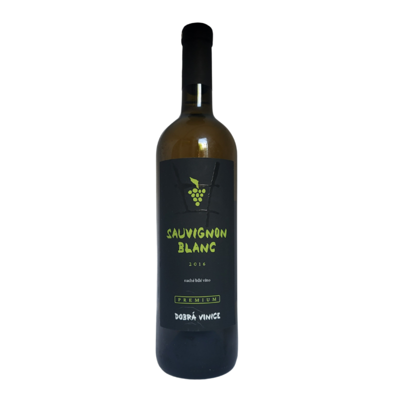 Een foto van een fles "Sauvignon Blanc 2016" van de premium range van Dobrá Vinice